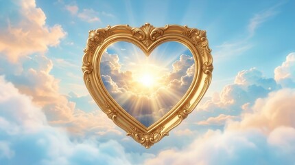 Obraz premium Sunlit clouds glow within a golden heart frame against a serene blue sky.