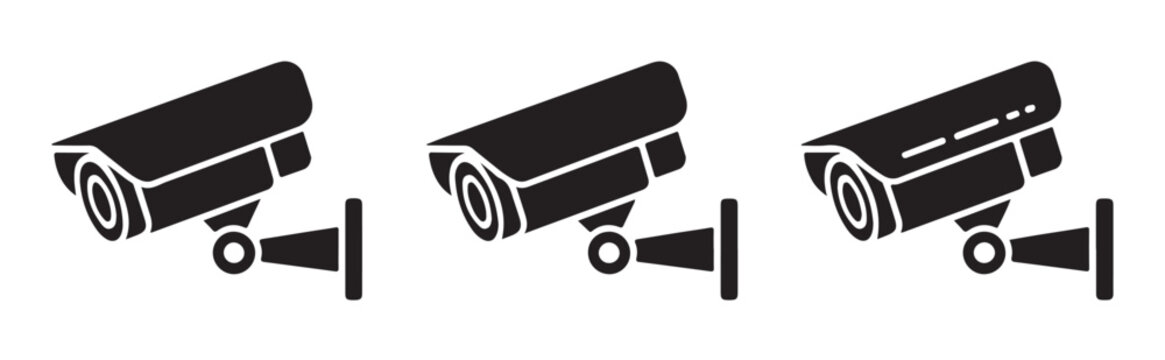 Three black security camera vector icons mounted on wall brackets against transparent.