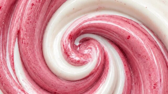 Abstract Swirled Spiral Pattern of Pink Berry Gel and White Creamy Lotion Macro Background Close Up of Strawberry and Vanilla Creamy Swirl Texture with Glossy Surface for Dessert or Skincare Concept