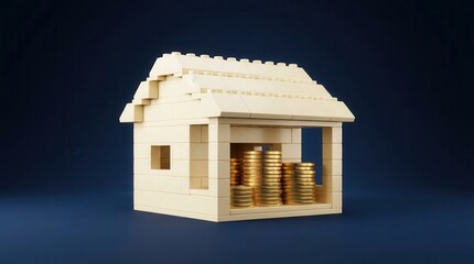 Fototapeta premium Toy brick house model with gold coins symbolizing home ownership.