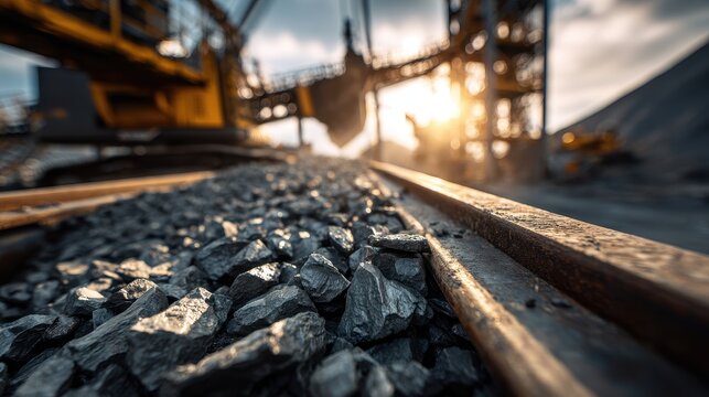Heavy industrial machinery and construction equipment operating in a quarry during sunset. Ideal for mining industry and heavy construction equipment marketing campaigns.