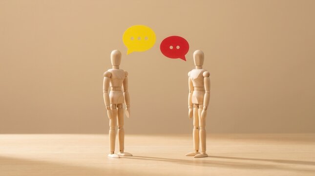 Two wooden figures conversing with colorful speech bubbles above them.
