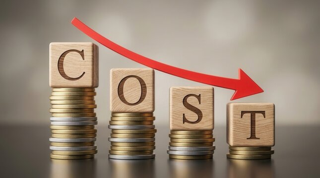 Wooden blocks spelling COST on top of coin stacks with a red arrow showing decreasing expenses.