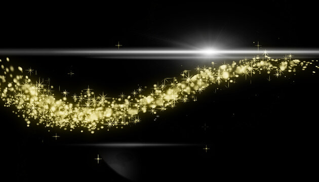 Tra&icirc;n&eacute;e lumineuse de paillettes dor&eacute;es sur fond noir avec flare