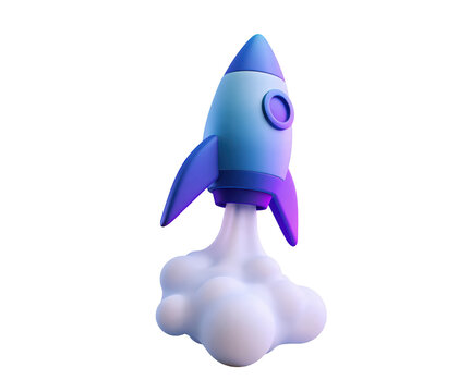 Stylized 3D cartoon rocket ship launching with a cloud of smoke on white background