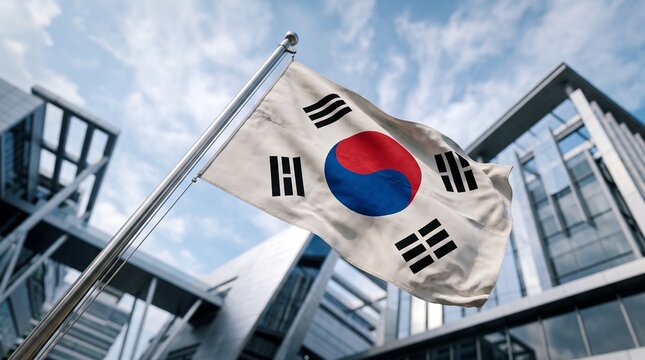 South korean flag, waving flag, flag on architectural structure, Bright South Korean Flag Waving on a Modern Architectural Pole against a Cloudy Blue Sky in South Korea with Bright Tones, south korean