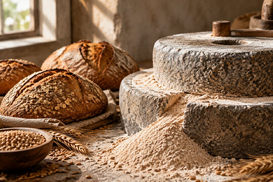 Dark emmer flour on a rustic stone mill with artisan bread loaves in soft window light.
