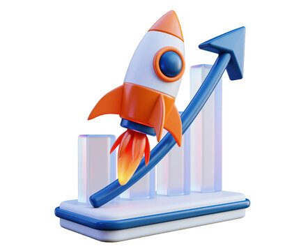 3D rendered cartoon rocket launching over a rising blue financial growth bar chart