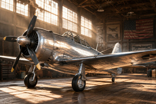 Silver monoplane resting on a wooden deck in an old sunlit hangar.