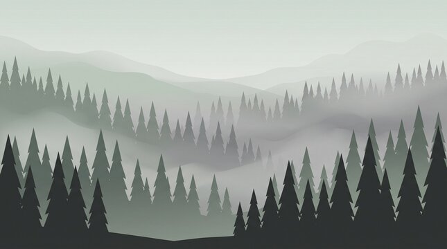 Misty pine forest landscape with layered mountains in a minimalist vector style background