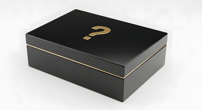 A sleek black box with a golden question mark rests on a white background