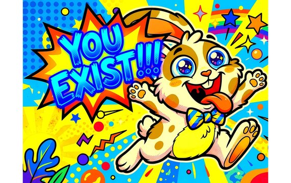 Pop art style illustration of enamored awed awestruck rabbit bunny colorful text, you exist!!! Funny motivational 