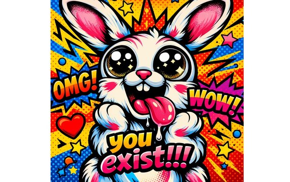 Pop art style illustration of enamored awed awestruck rabbit bunny colorful text, you exist!!! Funny motivational 