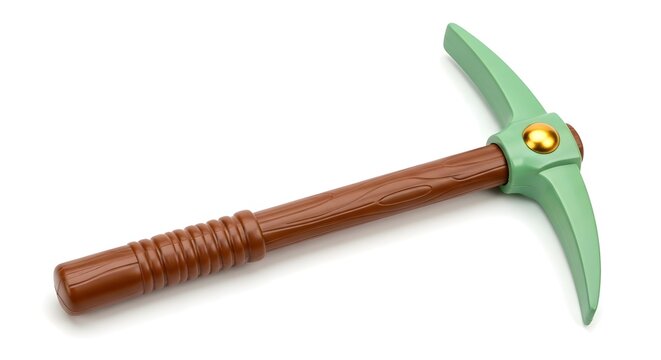 Childrens pickaxe toy with a brown handle and green head