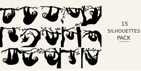 Fototapeta premium Sloth Hanging From A Branch Silhouette - Minimal Form Crisp Vector Cutout Black Vector Clipart on White Background