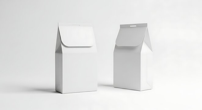 Two blank white paper packages or bags mock up on light background for product branding design