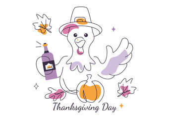 Fototapeta premium Thanksgiving Day Vector Illustration featuring Festive Turkey Characters with Pumpkin, Autumn Leaves, Food, and Holiday Celebration Elements