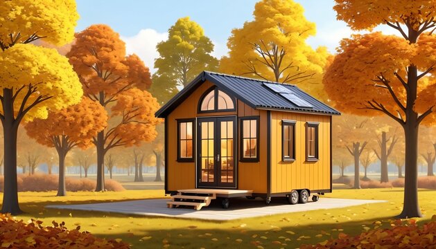 Charming tiny house on wheels in a golden autumn forest