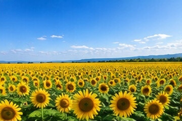 Fototapeta premium Vibrant sunflower field under a bright blue summer sky with distant mountains 