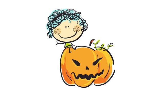 Spring Bouncing Chaotic Motion Of Joyful Girl Playing And Sitting On An Orange Halloween Pumpkin With A Scary Face Sculpted To Celebrate The Holidays Dressed Up With A Blue Wig