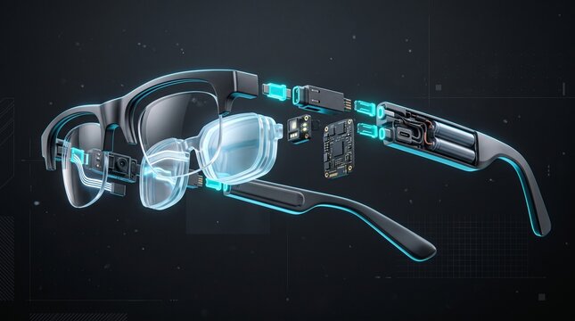 Modular AR glasses displayed in floating components with glowing cyan connectors, optical waveguide and sensors showcasing advanced augmented reality engineering.