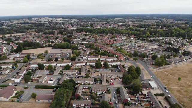 Drone shot showing Thetford and the Bury road leading into the town. Thetford, Norfolk, UK. 06.09.26