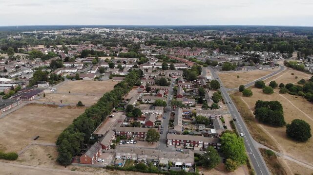 Drone shot showing Thetford and the Bury road leading into the town. Thetford, Norfolk, UK. 06.09.26