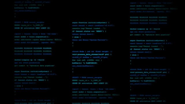 Blue computer source code scrolling on black screen, software development background, data processing and cyber security concepts