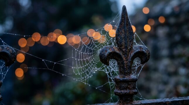 Decorative Spiderweb with Glowing Lights and Fleur de Lis
