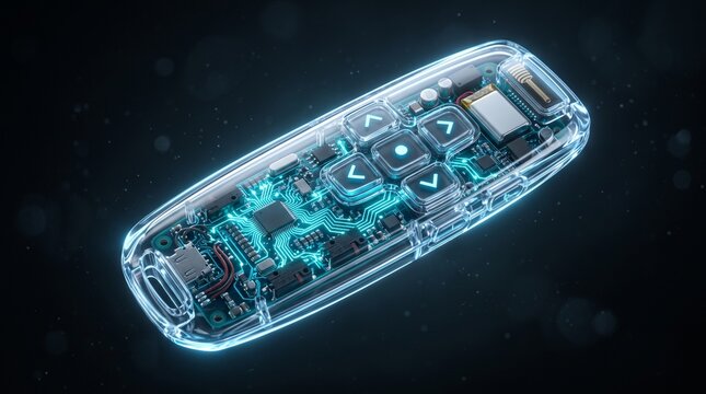 Transparent wireless presenter clicker revealing internal circuitry and transmitter components, illuminated with electric cyan and ice blue futuristic accents.
