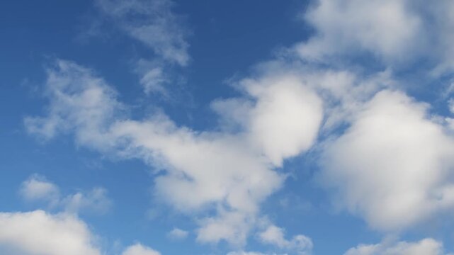 White clouds in the blue sky at sunny day. Clouds forming and moving in the sky. Real time video. Abstract nature background

