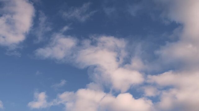 Pink clouds in the blue sky at sunset. Clouds forming and moving in the sky. Real time video. Abstract nature background
