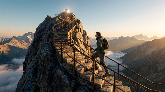 A lone hiker standing on a rocky mountain summit during a beautiful golden hour sunset in the alps