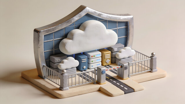 3D clay cloud security scene with a large shield wall, server racks, cloud model, barrier gate, and fence. Cyber security, data protection, secure server room concept.