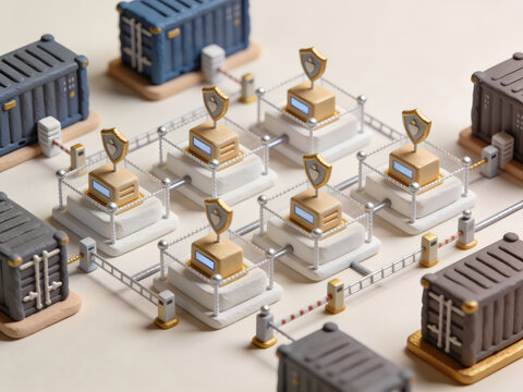 3D clay software container security grid with shields, fenced nodes, and shipping containers. Cloud native infrastructure, microservices protection, data isolation concept.