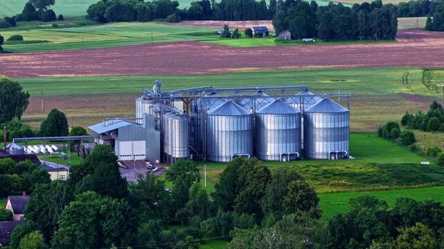 Modern agro-industrial complex with grain elevator silos in the middle of cultivated fields