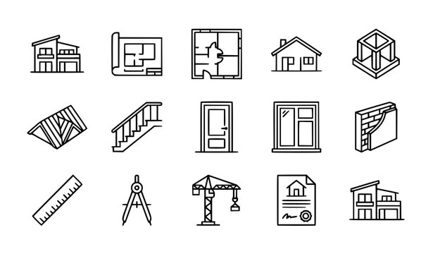 Architectural House Building Line Icons for Home Design and Construction
