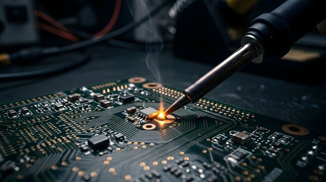 Soldering iron repairing green circuit board microchip with rising smoke