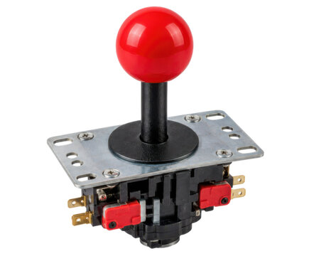 Retro arcade joystick mechanism, red ball top lever mounted on square metal plate with switch assembly, red black and silver. Studio shot isolated on white background for retro gaming design.