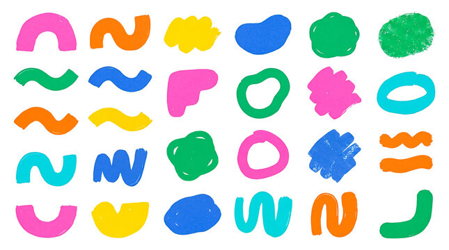Colorful hand painted abstract brush marks and doodle shapes collection
