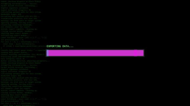 Retro computer terminal interface loading progress bar with green text lines, digital data processing and system analysis