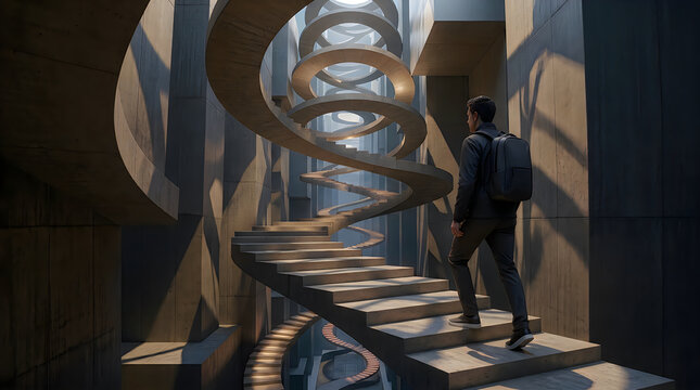 A lone traveler with a backpack walks up a futuristic spiral staircase inside a dark industrial building
