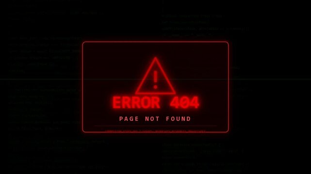 Glitchy error 404 message screen with red warning symbol and dark digital code background