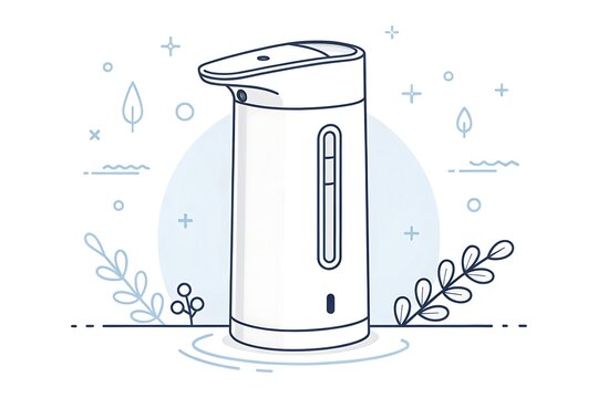 Modern water filter dispenser with green plant illustration