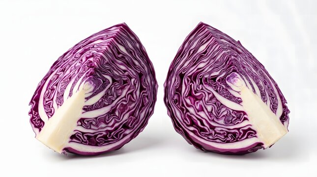 Two halves of a red cabbage isolated on a clean white background for healthy eating concepts