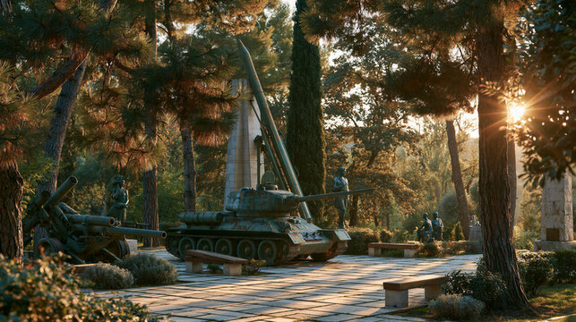 Professional outdoor photography showcasing weathered military green tanks and artillery on stone pavement under golden autumn light, surrounded by evergreen pines and bronze monuments, with...