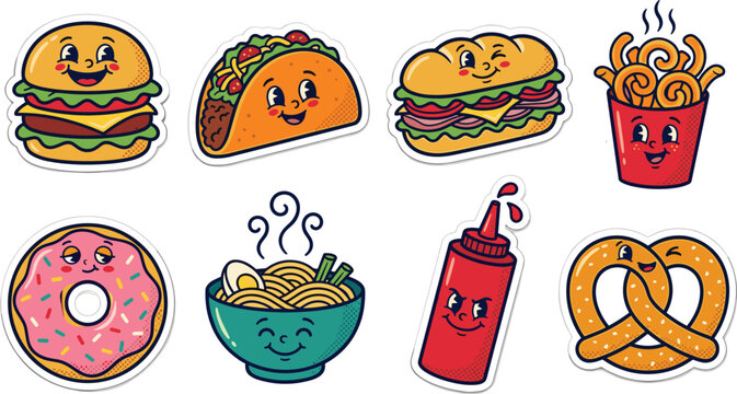 Cute Vintage Retro Cartoon Fast Food Sticker Set Featuring Happy Characters Like Burger Taco Fries Ramen and Donut for Restaurant Menu Designs