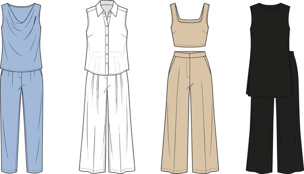 Women Sleeveless Two Piece Outfits Fashion Technical Sketch Vector Set Featuring Crop Tops Blouses Tunics and Wide Leg Pants Templates for Tech Packs