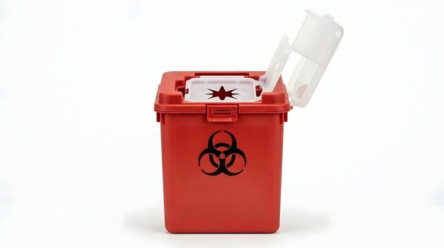 Red sharps container for safe disposal of medical waste isolated on white background