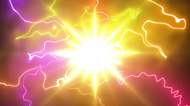 Colorful Electric Energy Animation with Bright Central Starburst Surrounded By Glowing, Wavy Light Trails. Yellow, Orange, Pink, And Purple Radiance. Fantasy Power Effect.